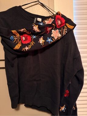 Embroidered navy blue Women's Sweater with Floral Accents